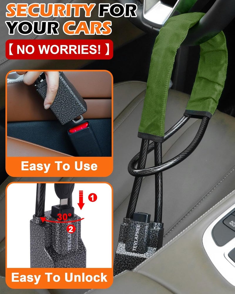 Tevlaphee Steering Wheel Lock Seat Belt Lock Universal Anti Theft Car Device Car Lock Car Theft Prevention with 3 Keys for Car Security Fit Most Vehicles Truck SUV Van (Green) - Image 4